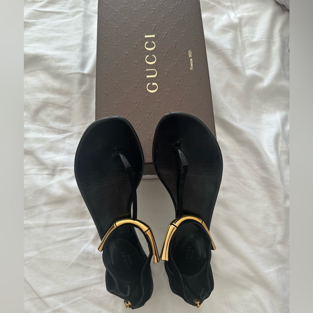 Gucci Black Suede Sandals with Gold Bamboo Ankle Cuff, Size 38